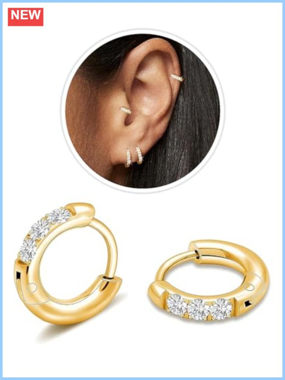 CZ Huggie Hoop Earrings Stainless Steel Gold Plated Small 6mm